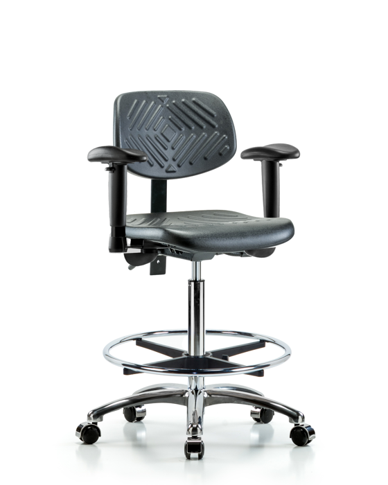 Blue Ridge Ergonomics PHBCH-CR-T1-A1-CF-CC-BLK Polyurethane Chair Chrome - High Bench Height with Seat Tilt, Adjustable Arms, Chrome Foot Ring, & Casters in Black Polyurethane