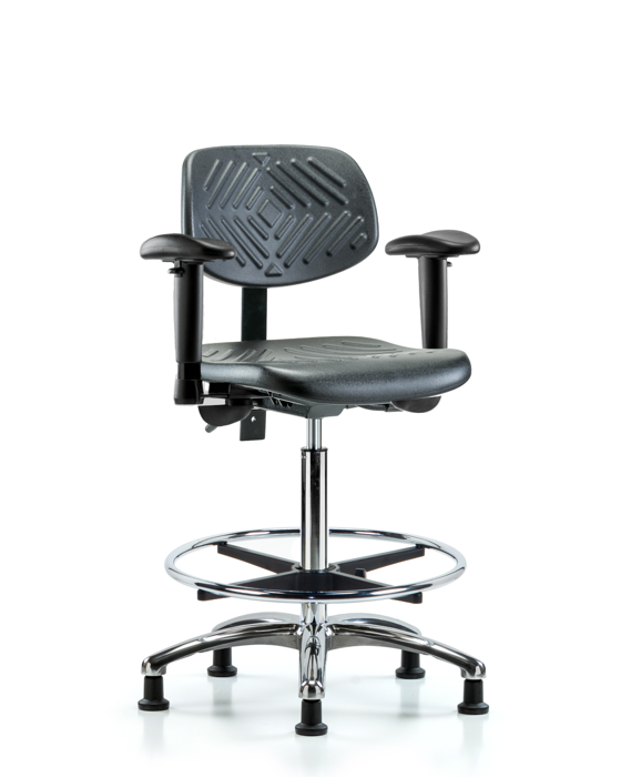 Blue Ridge Ergonomics PHBCH-CR-T1-A1-CF-RG-BLK Polyurethane Chair Chrome - High Bench Height with Seat Tilt, Adjustable Arms, Chrome Foot Ring, & Stationary Glides in Black Polyurethane