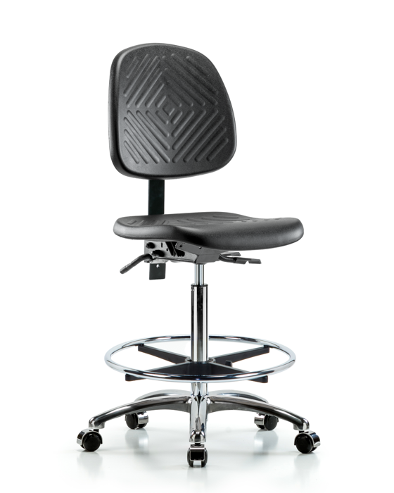 Blue Ridge Ergonomics PHBCH-MB-CR-T1-A0-CF-CC-BLK Polyurethane Chair Chrome - High Bench Height with Medium Back, Seat Tilt, Chrome Foot Ring, & Casters in Black Polyurethane