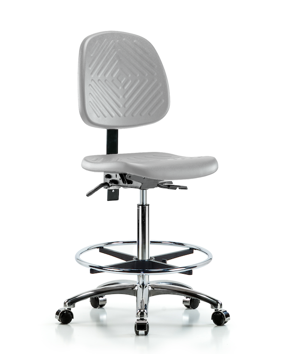 Blue Ridge Ergonomics PHBCH-MB-CR-T1-A0-CF-CC-GRY Polyurethane Chair Chrome - High Bench Height with Medium Back, Seat Tilt, Chrome Foot Ring, & Casters in Gray Polyurethane