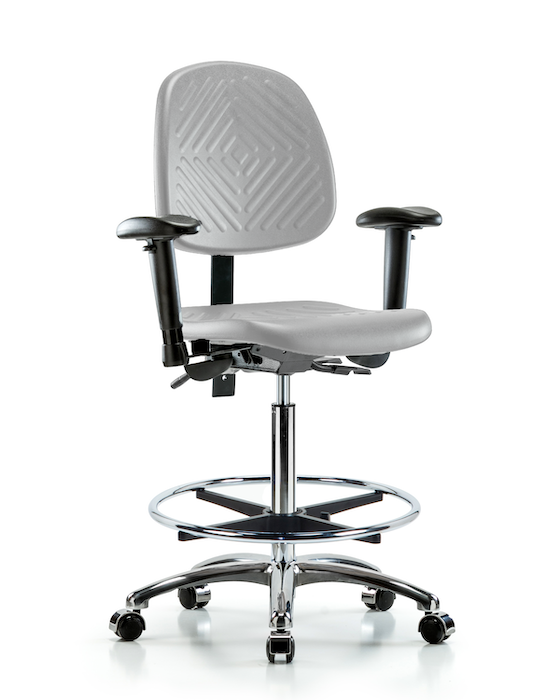 Blue Ridge Ergonomics PHBCH-MB-CR-T1-A1-CF-CC-GRY Polyurethane Chair Chrome - High Bench Height with Medium Back, Seat Tilt, Adjustable Arms, Chrome Foot Ring, & Casters in Gray Polyurethane