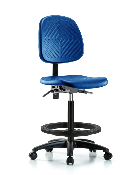 Blue Ridge Ergonomics PHBCH-MB-RG-T0-A0-BF-RC-BLU Polyurethane Chair - High Bench Height with Medium Back, Black Foot Ring, & Casters in Blue Polyurethane