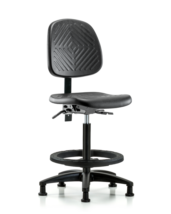 Blue Ridge Ergonomics PHBCH-MB-RG-T0-A0-BF-RG-BLK Polyurethane Chair - High Bench Height with Medium Back, Black Foot Ring, & Stationary Glides in Black Polyurethane