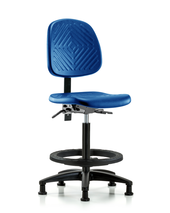 Blue Ridge Ergonomics PHBCH-MB-RG-T0-A0-BF-RG-BLU Polyurethane Chair - High Bench Height with Medium Back, Black Foot Ring, & Stationary Glides in Blue Polyurethane
