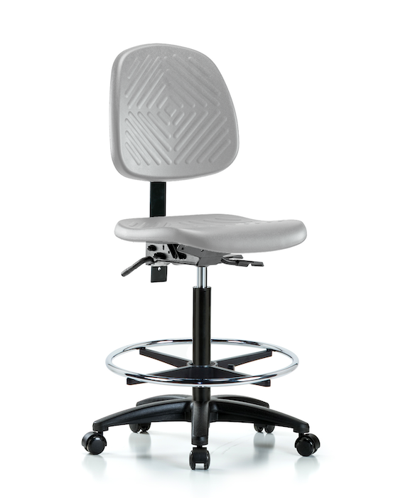 Blue Ridge Ergonomics PHBCH-MB-RG-T0-A0-CF-RC-GRY Polyurethane Chair - High Bench Height with Medium Back, Chrome Foot Ring, & Casters in Gray Polyurethane