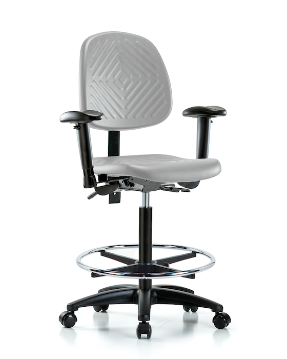 Blue Ridge Ergonomics PHBCH-MB-RG-T0-A1-CF-RC-GRY Polyurethane Chair - High Bench Height with Medium Back, Adjustable Arms, Chrome Foot Ring, & Casters in Gray Polyurethane