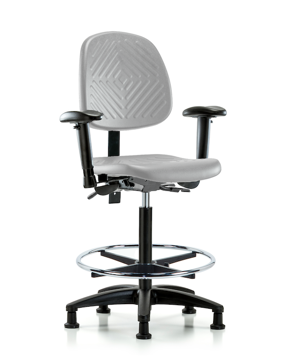 Blue Ridge Ergonomics PHBCH-MB-RG-T0-A1-CF-RG-GRY Polyurethane Chair - High Bench Height with Medium Back, Adjustable Arms, Chrome Foot Ring, & Stationary Glides in Gray Polyurethane
