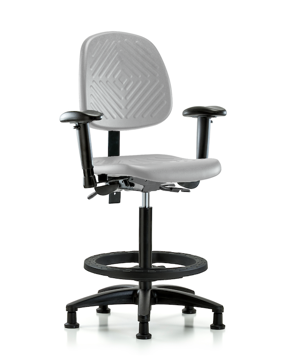 Blue Ridge Ergonomics PHBCH-MB-RG-T1-A1-BF-RG-GRY Polyurethane Chair - High Bench Height with Medium Back, Seat Tilt, Adjustable Arms, Black Foot Ring, & Stationary Glides in Gray Polyurethane