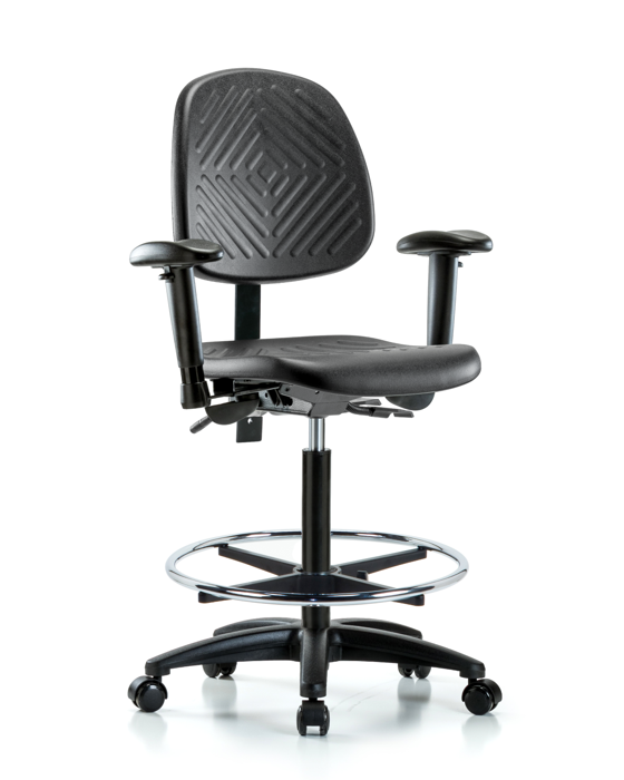Blue Ridge Ergonomics PHBCH-MB-RG-T1-A1-CF-RC-BLK Polyurethane Chair - High Bench Height with Medium Back, Seat Tilt, Adjustable Arms, Chrome Foot Ring, & Casters in Black Polyurethane
