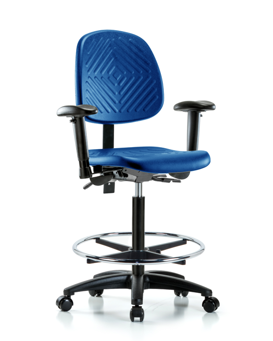 Blue Ridge Ergonomics PHBCH-MB-RG-T1-A1-CF-RC-BLU Polyurethane Chair - High Bench Height with Medium Back, Seat Tilt, Adjustable Arms, Chrome Foot Ring, & Casters in Blue Polyurethane