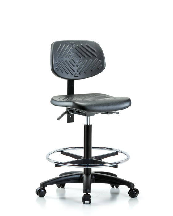 Blue Ridge Ergonomics PHBCH-RG-T0-A0-CF-RC-BLK Polyurethane Chair - High Bench Height with Chrome Foot Ring & Casters in Black Polyurethane