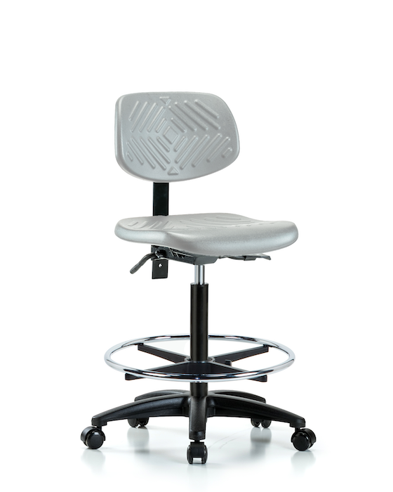 Blue Ridge Ergonomics PHBCH-RG-T0-A0-CF-RC-GRY Polyurethane Chair - High Bench Height with Chrome Foot Ring & Casters in Gray Polyurethane