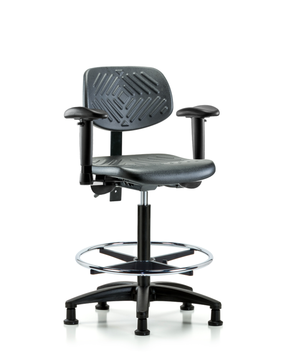 Blue Ridge Ergonomics PHBCH-RG-T0-A1-CF-RG-BLK Polyurethane Chair - High Bench Height with Adjustable Arms, Chrome Foot Ring, & Stationary Glides in Black Polyurethane