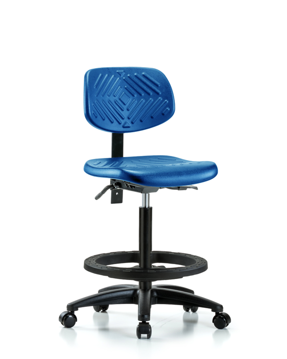 Blue Ridge Ergonomics PHBCH-RG-T1-A0-BF-RC-BLU Polyurethane Chair - High Bench Height with Seat Tilt, Black Foot Ring, & Casters in Blue Polyurethane
