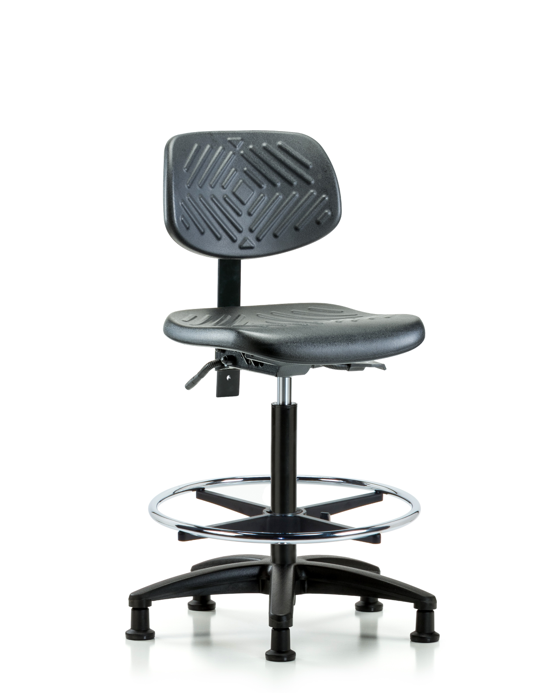 Blue Ridge Ergonomics PHBCH-RG-T1-A0-CF-RG-BLK Polyurethane Chair - High Bench Height with Seat Tilt, Chrome Foot Ring, & Stationary Glides in Black Polyurethane