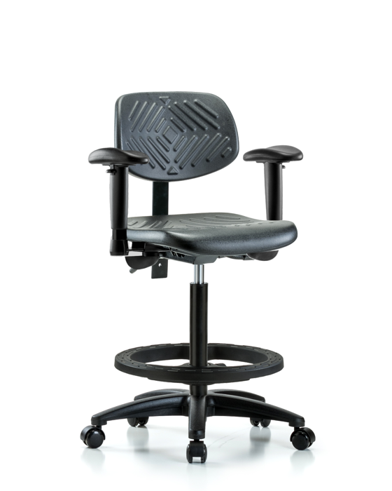 Blue Ridge Ergonomics PHBCH-RG-T1-A1-BF-RC-BLK Polyurethane Chair - High Bench Height with Seat Tilt, Adjustable Arms, Black Foot Ring, & Casters in Black Polyurethane