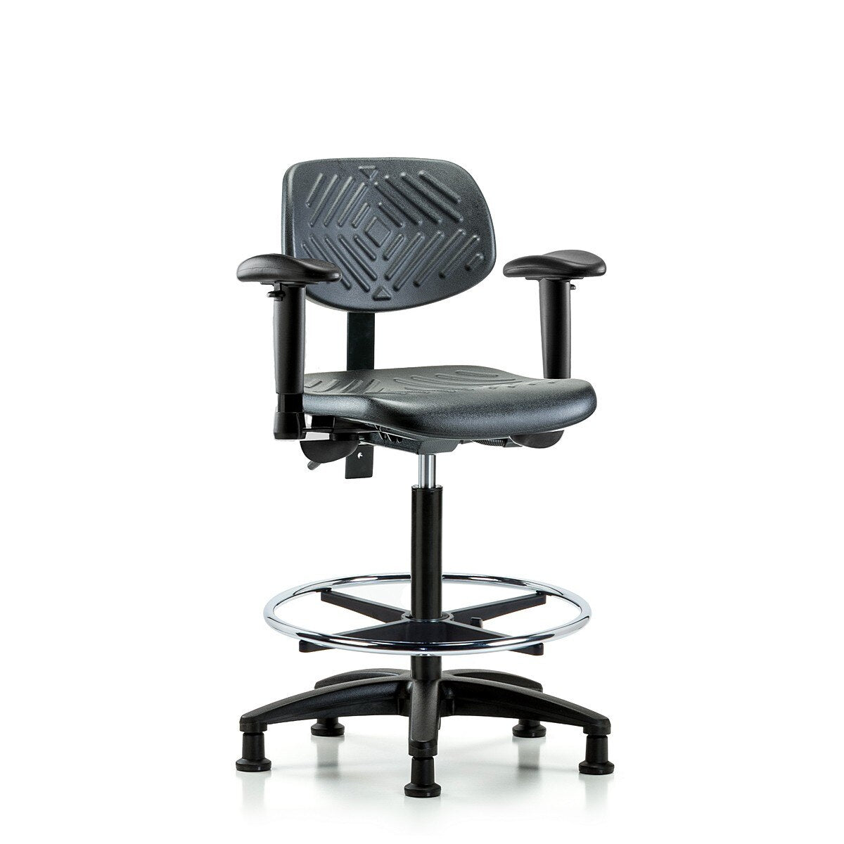 Blue Ridge Ergonomics PHBCH-RG-T1-A1-CF-RG-BLK Polyurethane Chair - High Bench Height with Seat Tilt, Adjustable Arms, Chrome Foot Ring, & Stationary Glides in Black Polyurethane