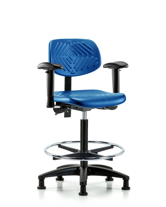 Blue Ridge Ergonomics PHBCH-RG-T1-A1-CF-RG-BLU Polyurethane Chair - High Bench Height with Seat Tilt, Adjustable Arms, Chrome Foot Ring, & Stationary Glides in Blue Polyurethane