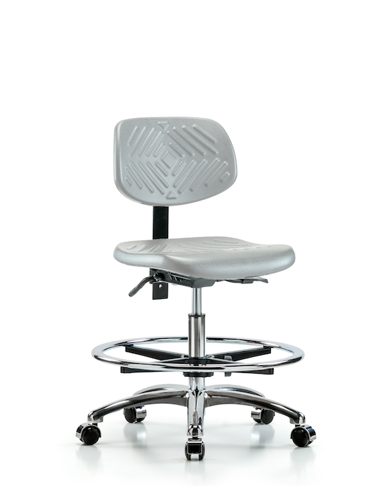 Blue Ridge Ergonomics PMBCH-CR-T0-A0-CF-CC-GRY Polyurethane Chair Chrome - Medium Bench Height with Chrome Foot Ring & Casters in Gray Polyurethane