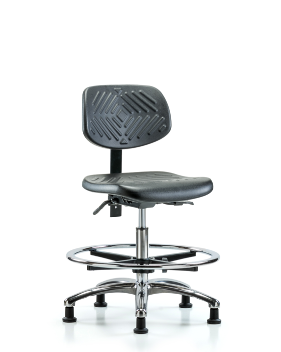 Blue Ridge Ergonomics PMBCH-CR-T0-A0-CF-RG-BLK Polyurethane Chair Chrome - Medium Bench Height with Chrome Foot Ring & Stationary Glides in Black Polyurethane