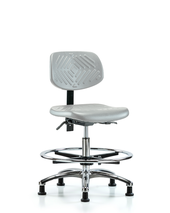 Blue Ridge Ergonomics PMBCH-CR-T0-A0-CF-RG-GRY Polyurethane Chair Chrome - Medium Bench Height with Chrome Foot Ring & Stationary Glides in Gray Polyurethane