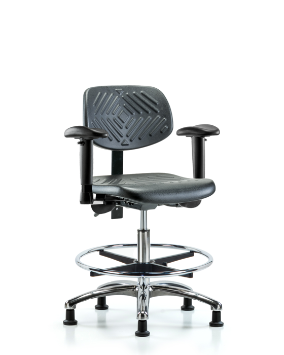 Blue Ridge Ergonomics PMBCH-CR-T0-A1-CF-RG-BLK Polyurethane Chair Chrome - Medium Bench Height with Adjustable Arms, Chrome Foot Ring, & Stationary Glides in Black Polyurethane