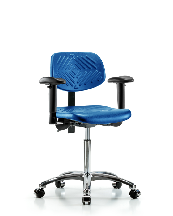 Blue Ridge Ergonomics PMBCH-CR-T0-A1-NF-CC-BLU Polyurethane Chair Chrome - Medium Bench Height with Adjustable Arms & Casters in Blue Polyurethane