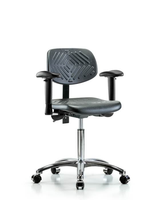 Blue Ridge Ergonomics PMBCH-CR-T1-A1-NF-CC-BLK Polyurethane Chair Chrome - Medium Bench Height with Seat Tilt, Adjustable Arms, & Casters in Black Polyurethane