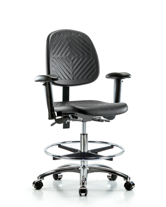 Blue Ridge Ergonomics PMBCH-MB-CR-T0-A1-CF-CC-BLK Polyurethane Chair Chrome - Medium Bench Height with Medium Back, Adjustable Arms, Chrome Foot Ring, & Casters in Black Polyurethane