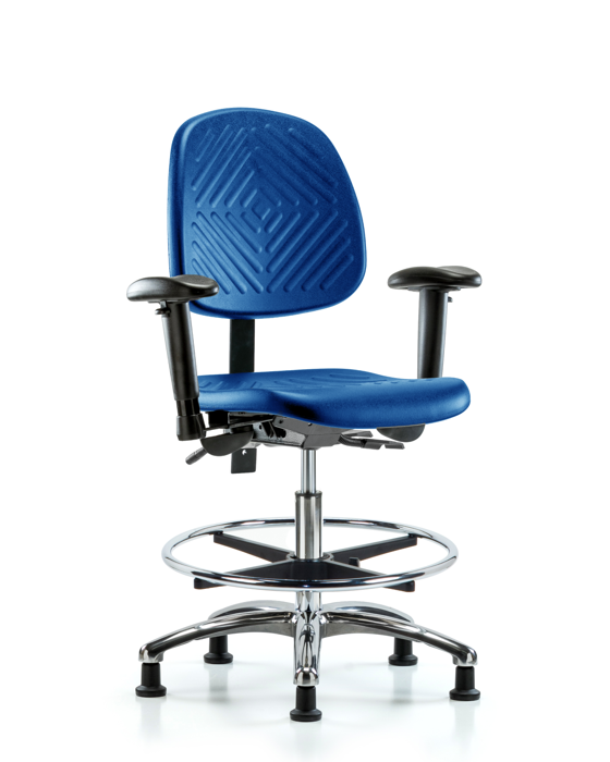 Blue Ridge Ergonomics PMBCH-MB-CR-T0-A1-CF-RG-BLU Polyurethane Chair Chrome - Medium Bench Height with Medium Back, Adjustable Arms, Chrome Foot Ring, & Stationary Glides in Blue Polyurethane