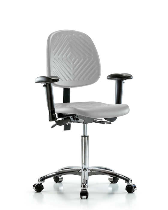 Blue Ridge Ergonomics PMBCH-MB-CR-T0-A1-NF-CC-GRY Polyurethane Chair Chrome - Medium Bench Height with Medium Back, Adjustable Arms, & Casters in Gray Polyurethane