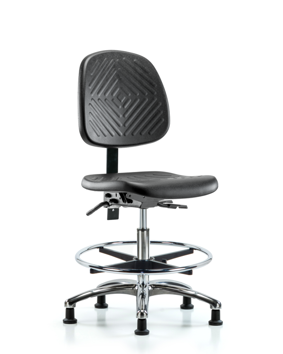 Blue Ridge Ergonomics PMBCH-MB-CR-T1-A0-CF-RG-BLK Polyurethane Chair Chrome - Medium Bench Height with Medium Back, Seat Tilt, Chrome Foot Ring, & Stationary Glides in Black Polyurethane