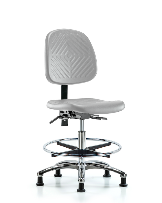 Blue Ridge Ergonomics PMBCH-MB-CR-T1-A0-CF-RG-GRY Polyurethane Chair Chrome - Medium Bench Height with Medium Back, Seat Tilt, Chrome Foot Ring, & Stationary Glides in Gray Polyurethane