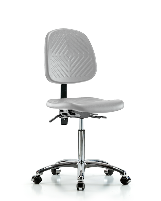 Blue Ridge Ergonomics PMBCH-MB-CR-T1-A0-NF-CC-GRY Polyurethane Chair Chrome - Medium Bench Height with Medium Back, Seat Tilt, & Casters in Gray Polyurethane