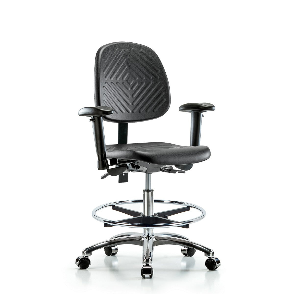 Blue Ridge Ergonomics PMBCH-MB-CR-T1-A1-CF-CC-BLK Polyurethane Chair Chrome - Medium Bench Height with Medium Back, Seat Tilt, Adjustable Arms, Chrome Foot Ring, & Casters in Black Polyurethane