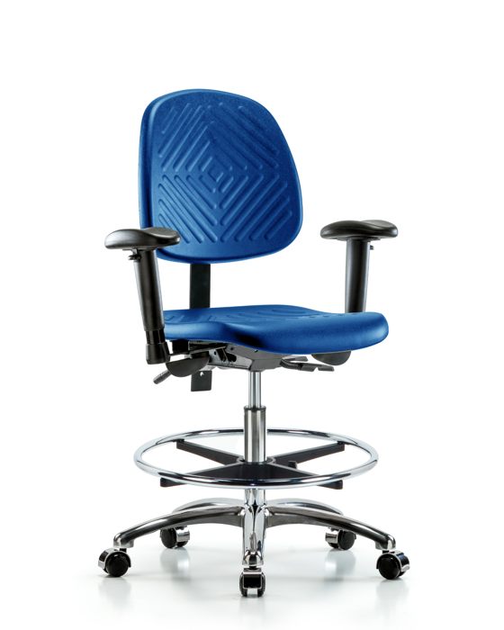 Blue Ridge Ergonomics PMBCH-MB-CR-T1-A1-CF-CC-BLU Polyurethane Chair Chrome - Medium Bench Height with Medium Back, Seat Tilt, Adjustable Arms, Chrome Foot Ring, & Casters in Blue Polyurethane