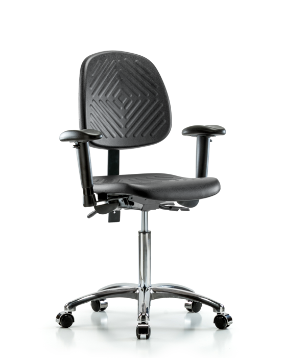 Blue Ridge Ergonomics PMBCH-MB-CR-T1-A1-NF-CC-BLK Polyurethane Chair Chrome - Medium Bench Height with Medium Back, Seat Tilt, Adjustable Arms, & Casters in Black Polyurethane