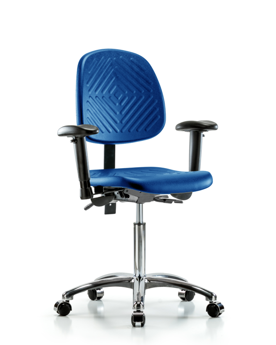 Blue Ridge Ergonomics PMBCH-MB-CR-T1-A1-NF-CC-BLU Polyurethane Chair Chrome - Medium Bench Height with Medium Back, Seat Tilt, Adjustable Arms, & Casters in Blue Polyurethane