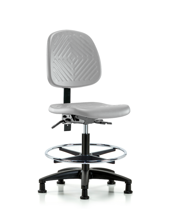 Blue Ridge Ergonomics PMBCH-MB-RG-T0-A0-CF-RG-GRY Polyurethane Chair - Medium Bench Height with Medium Back, Chrome Foot Ring, & Stationary Glides in Gray Polyurethane
