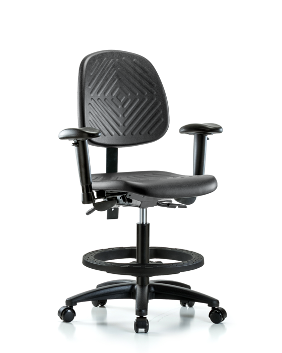 Blue Ridge Ergonomics PMBCH-MB-RG-T0-A1-BF-RC-BLK Polyurethane Chair - Medium Bench Height with Medium Back, Adjustable Arms, Black Foot Ring, & Casters in Black Polyurethane