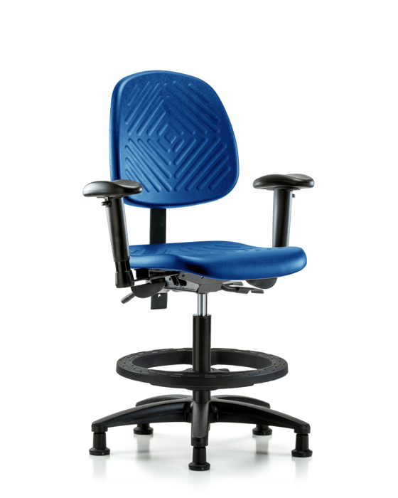 Blue Ridge Ergonomics PMBCH-MB-RG-T0-A1-BF-RG-BLU Polyurethane Chair - Medium Bench Height with Medium Back, Adjustable Arms, Black Foot Ring, & Stationary Glides in Blue Polyurethane