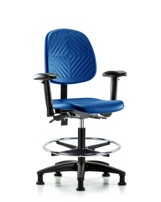 Blue Ridge Ergonomics PMBCH-MB-RG-T0-A1-CF-RG-BLU Polyurethane Chair - Medium Bench Height with Medium Back, Adjustable Arms, Chrome Foot Ring, & Stationary Glides in Blue Polyurethane
