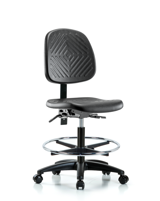 Blue Ridge Ergonomics PMBCH-MB-RG-T1-A0-CF-RC-BLK Polyurethane Chair - Medium Bench Height with Medium Back, Seat Tilt, Chrome Foot Ring, & Casters in Black Polyurethane