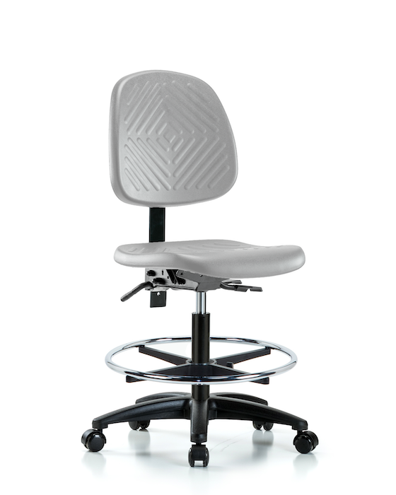 Blue Ridge Ergonomics PMBCH-MB-RG-T1-A0-CF-RC-GRY Polyurethane Chair - Medium Bench Height with Medium Back, Seat Tilt, Chrome Foot Ring, & Casters in Gray Polyurethane