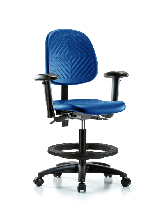 Blue Ridge Ergonomics PMBCH-MB-RG-T1-A1-BF-RC-BLU Polyurethane Chair - Medium Bench Height with Medium Back, Seat Tilt, Adjustable Arms, Black Foot Ring, & Casters in Blue Polyurethane