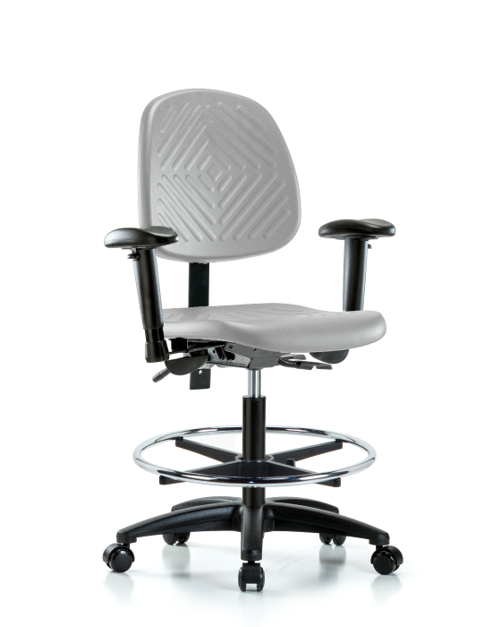 Blue Ridge Ergonomics PMBCH-MB-RG-T1-A1-CF-RC-GRY Polyurethane Chair - Medium Bench Height with Medium Back, Seat Tilt, Adjustable Arms, Chrome Foot Ring, & Casters in Gray Polyurethane