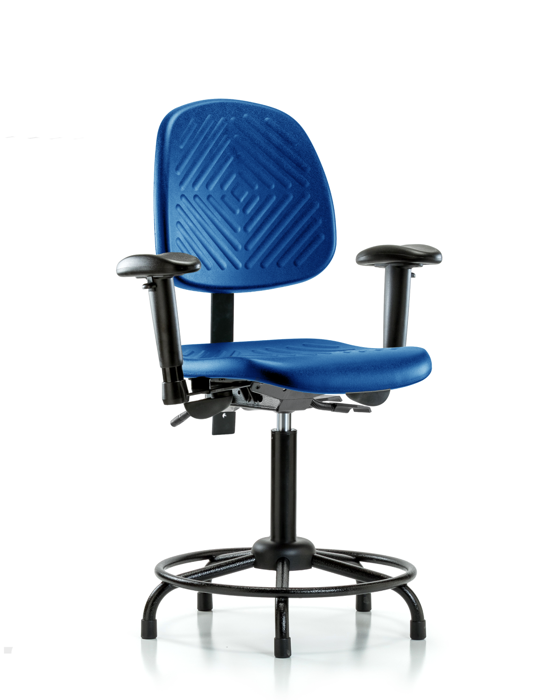 Blue Ridge Ergonomics PMBCH-MB-RT-T0-A1-RG-BLU Polyurethane Chair with Round Tube Base - Medium Bench Height with Medium Back, Adjustable Arms, & Stationary Glides in Blue Polyurethane
