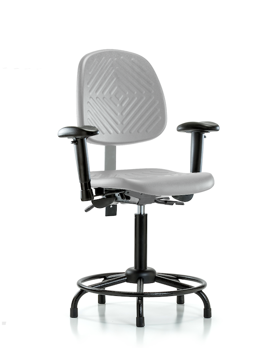 Blue Ridge Ergonomics PMBCH-MB-RT-T0-A1-RG-GRY Polyurethane Chair with Round Tube Base - Medium Bench Height with Medium Back, Adjustable Arms, & Stationary Glides in Gray Polyurethane