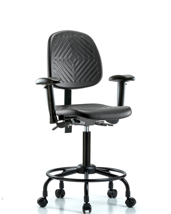 Blue Ridge Ergonomics PMBCH-MB-RT-T1-A1-RC-BLK Polyurethane Chair with Round Tube Base - Medium Bench Height with Medium Back, Seat Tilt, Adjustable Arms, & Casters in Black Polyurethane