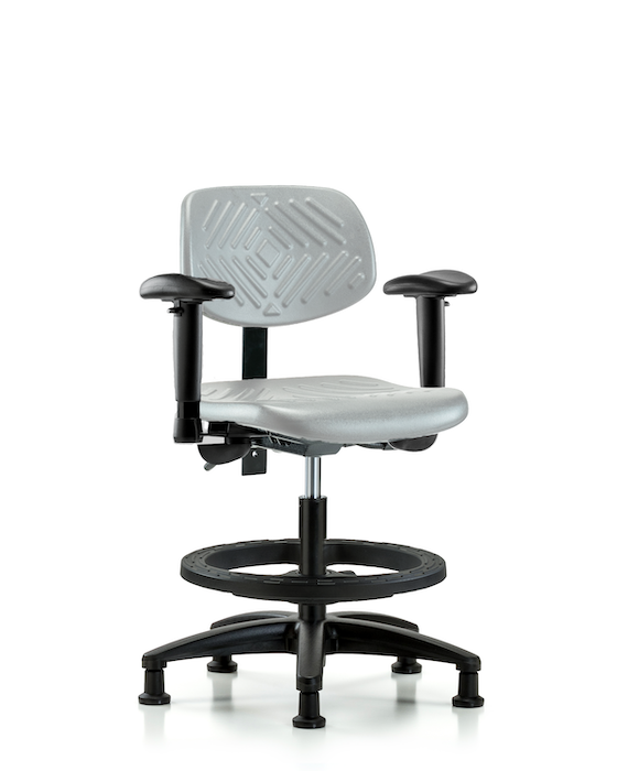 Blue Ridge Ergonomics PMBCH-RG-T0-A1-BF-RG-GRY Polyurethane Chair - Medium Bench Height with Adjustable Arms, Black Foot Ring, & Stationary Glides in Gray Polyurethane